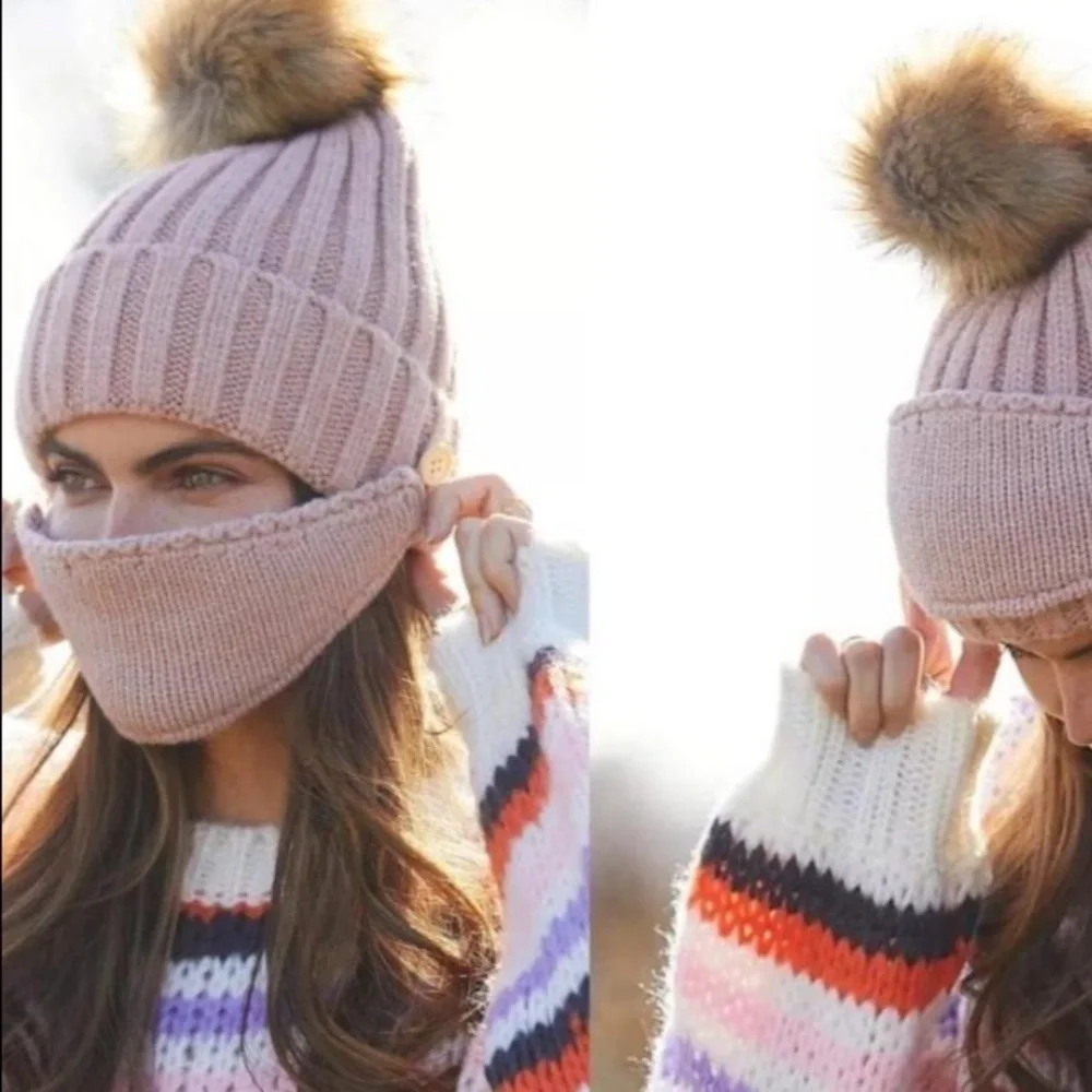 Anthropologie Faux Fur Pom Beanie With Mask
